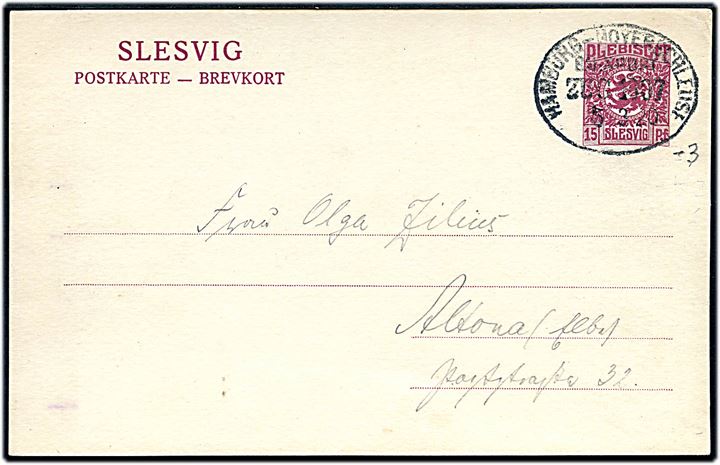 15 pfg. Fælles udg. helsagsbrevkort annulleret med bureaustempel Hamburg - Hoyerschleuse Bahnpost Zug 1007 d. 5.3.1920 til Altona. Meddelelse på bagsiden visket bort.