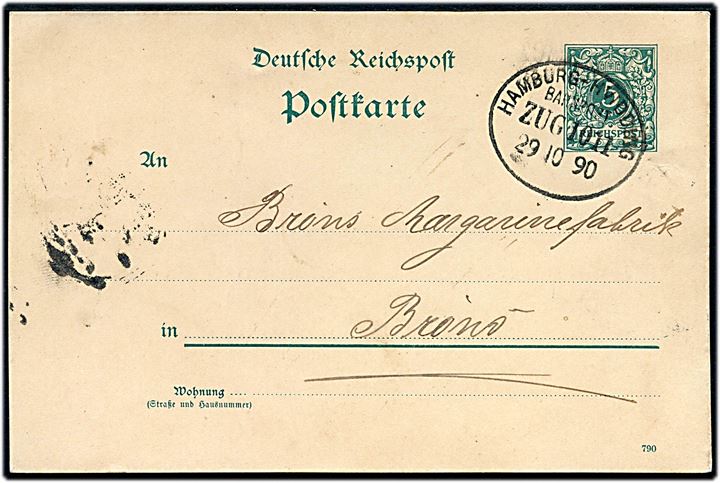 5 pfg. helsagsbrevkort dateret Hvidding annulleret med bureaustempel Hamburg - Hvidding Bahnpost Zug 1011 d. 29.10.1890 til Brøns.