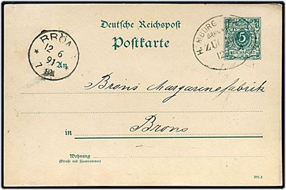 5 pfg. helsagsbrevkort dateret i Hvidding annulleret med bureaustempel Hamburg - Tondern Bahnpost Zug 1007 d. 12.6.1891 til Brøns. Tidligst registrerede dato.