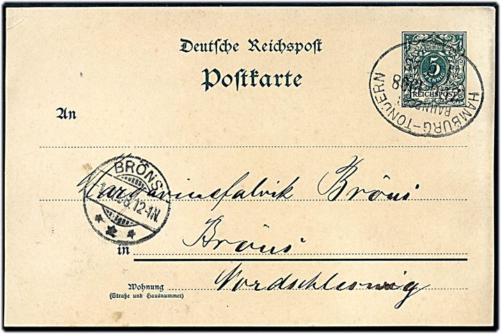 5 pfg. helsagsbrevkort dateret Heide annulleret med bureaustempel Hamburg - Tondern Bahnpost Zug 1008 d. 1.11.1898 til Brøns.