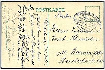 Ufrankeret feltpostkort dateret Glückstadt med bureaustempel Hamburg - Tondern Bahnpost Zug 1007 d. 25.7.1916 til Barmen.