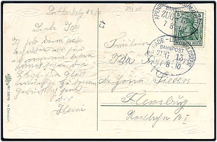 5 pfg. Germania på brevkort dateret Loit Kirkeby annulleret med bureaustempel Apenrade - Lögumkloster Bahnpost Zug 13 d. 7.8.1910 til Flensburg.