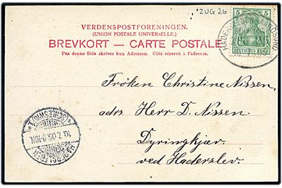 5 pfg. Germania på brevkort dateret Tamdrup annulleret med bureaustempel Hadersleben - Aarösund Bahnpost Zug 26 d. 10.7.1905 til Dyringkjær ved Haderslev.