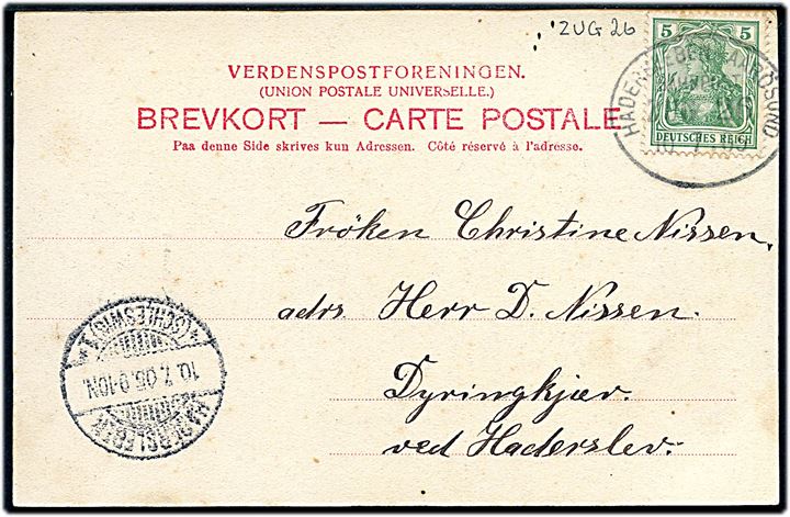 5 pfg. Germania på brevkort dateret Tamdrup annulleret med bureaustempel Hadersleben - Aarösund Bahnpost Zug 26 d. 10.7.1905 til Dyringkjær ved Haderslev.