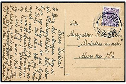 15 øre Chr. X på brevkort fra Haderslev annulleret med bureaustempel Haderslev - Vojens T.1349 d. 7.7.1921 til Marslev.