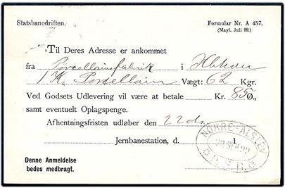 5 øre Våben på adviskort fra Statsbanedriften stemplet Nørre-Alslev d. 20.9.1899 til Vennerslund. På bagsiden ovalt jernbanestempel Nørre-Alslev * D.S.B. * d. 20.9.1899.
