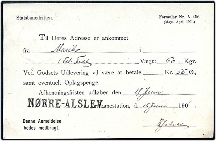 5 øre Våben på adviskort fra Statsbanedriften stemplet Nørre-Alslev d. 16.6.1901 til Vennerslund. På bagsiden liniestempel Nørre-Alslev.