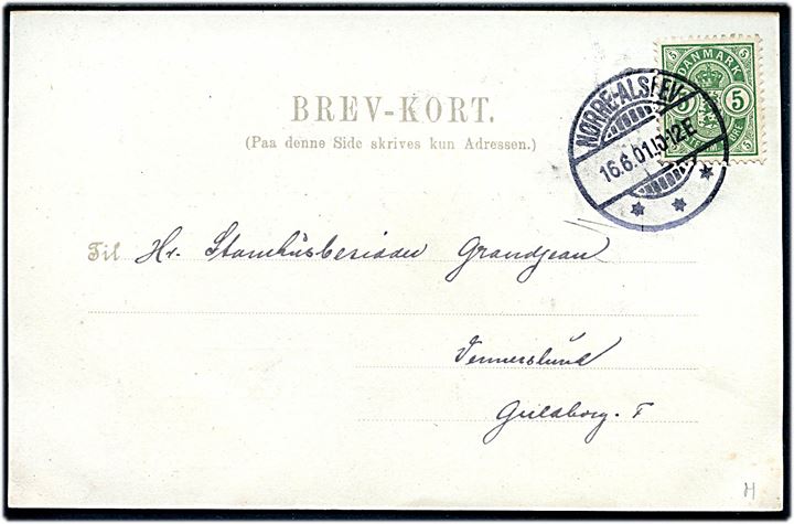 5 øre Våben på adviskort fra Statsbanedriften stemplet Nørre-Alslev d. 16.6.1901 til Vennerslund. På bagsiden liniestempel Nørre-Alslev.