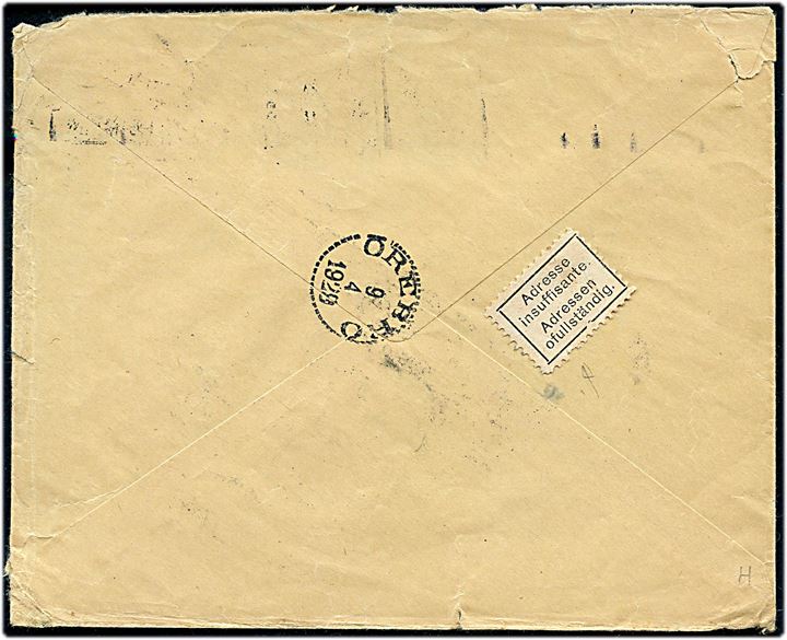 15 øre Karavel på brev fra København d. 8.4.1929 til Örebro, Sverige. Retur med 2-sproget returetiket: Adressen ofullständig.