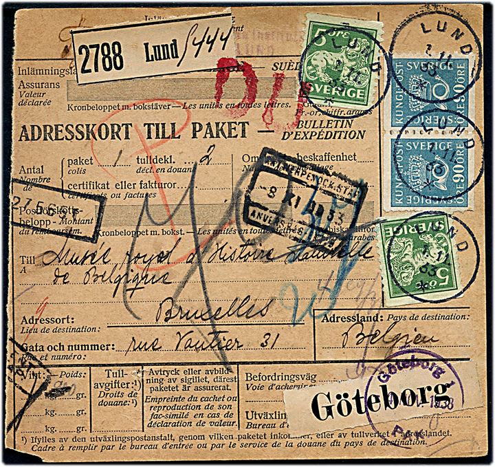 5 öre (2) Løve og 90 öre (2) Posthorn på internationalt adressekort for pakke fra Lund d. 1.11.1933 via Göteborg til Bruxelles, Belgien.