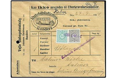 DSB 5 øre og 30 øre Fragtmærker annulleret med datostempel d. 27.8.1934 på fortrykt kuvert fra Randers Rutebilstation til Aalum. Arkivhul.