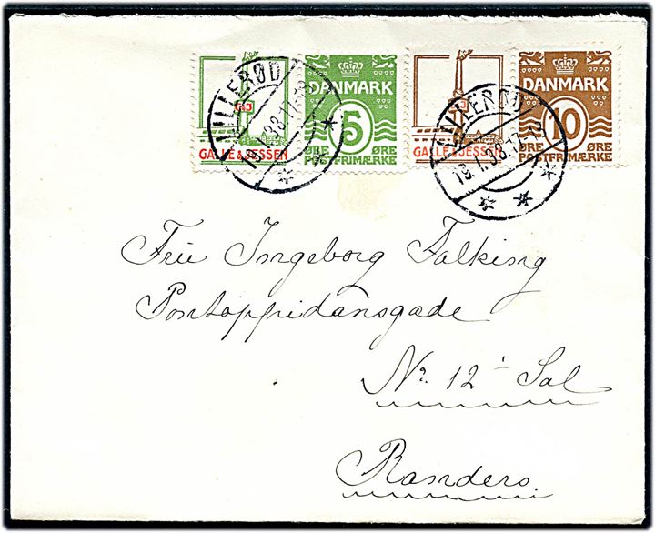 5 øre og 10 øre Bølgelinie i to parstykker med Galle & Jessen reklamemærker på brev fra Lillerød d. 19.1.1933 til Randers.