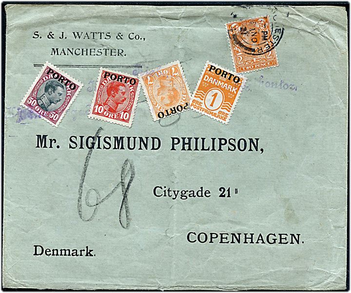 Britisk 2d George V på underfrankeret brev fra Manchester d. x.11.1921 til København, Danmark. Udtakseret i 68 øre porto med 1 øre, 7 øre, 10 øre og 50 øre Porto-provisorier annulleret med kontorstempel i Kjøbmagergades Postkontor. Lodret fold.