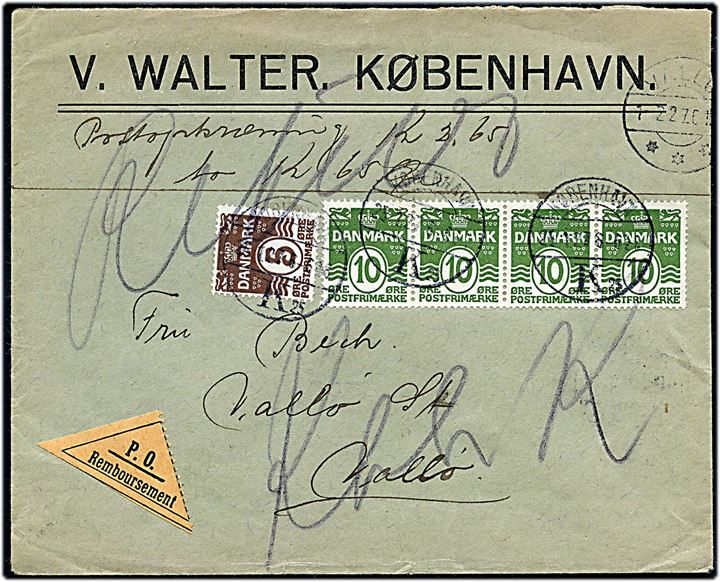 5 øre og 10 øre (4) Bølgelinie på brevmed postopkrævning fra København d. 25.1.1927 til Vallø.  Retur som ikke indløst.