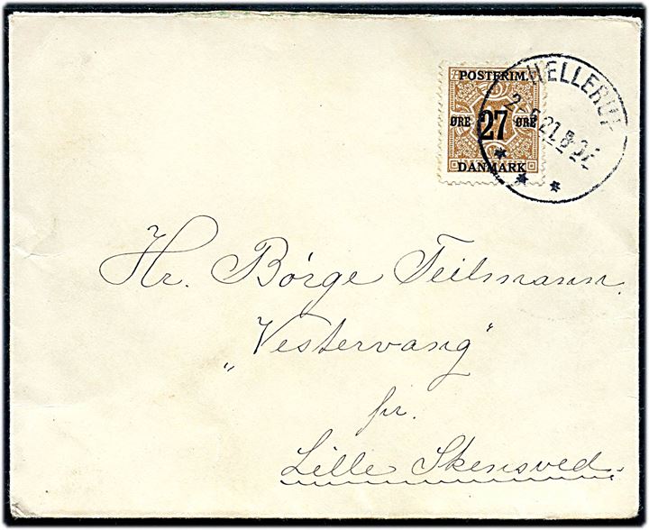 27/41 øre Provisorium single på overfrankeret brev fra Hillerød d. 2.5.1921 til Lille Skensved.