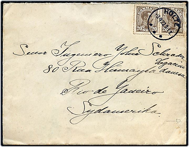 20 øre Chr. X i parstykke på brev fra Holte d. 3.4.1923 til Rio de Janeiro, Brasilien. På bagsiden ank.stempel fra den danske legation i Rio de Janeiro.