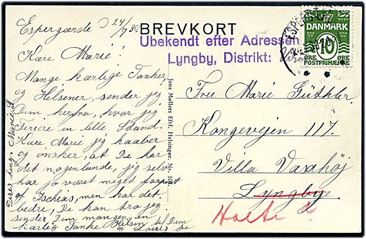 10 øre Bølgelinie på brevkort (Espergærde havn med fiskefartøj) fra Espergærde d. 24.7.1930 til Lyngby - eftersendt til Holte med stempel Ubekendt efter Adressen / Lyngby, Distrikt:.