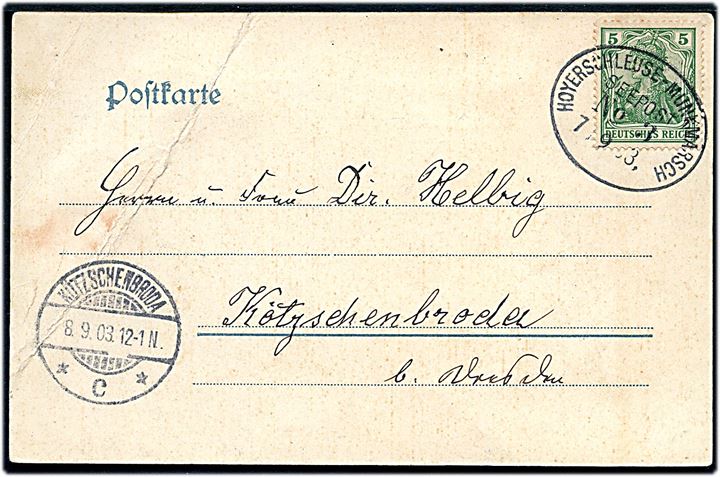 5 pfg. Germania på brevkort (Mølle i Munkmarsch, Sylt) annulleret med skibsstempel Hoyerschleuse - Munkmarsch Seepost No. 3 d. 7.9.1903 til Kützschenbroda. Knæk.