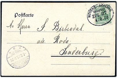 5 pfg. Germania på brevkort (Gadeparti fra Rødding) annulleret med bureaustempel Woyens - Rödding Bahnpost Zug 27 d. 4.8.1903 til Sonderburg.