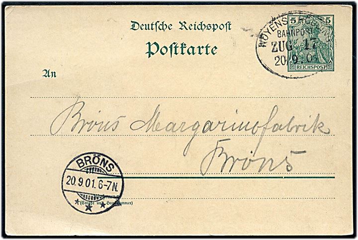 5 pfg. Germania helsagsbrevkort dateret i Arnum og annulleret med bureaustempel Woyens - Rödding Bahnpost Zug 17 d. 20.9.1901 til Brøns.