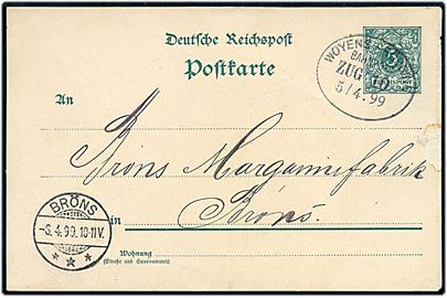 5 pfg. helsagsbrevkort fra Rødding annulleret med bureaustempel Woyens - Rödding Bahnpost Zug d. 10 d. 5.4.1899 til Brøns.