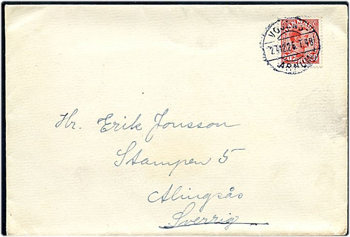 20 øre Chr. X på brev annulleret med bureaustempel Vojens - Arnum T.48 d. 27.12.19236 til Allingsås, Sverige.