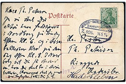 5 pfg. Germania på brevkort (Sandbjærg slot) annulleret med bureaustempel Wester-Satrup - Schelde Bahnpost Zug 926 d. 14.5.1914 til Haderslev.