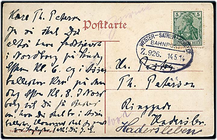 5 pfg. Germania på brevkort (Sandbjærg slot) annulleret med bureaustempel Wester-Satrup - Schelde Bahnpost Zug 926 d. 14.5.1914 til Haderslev.