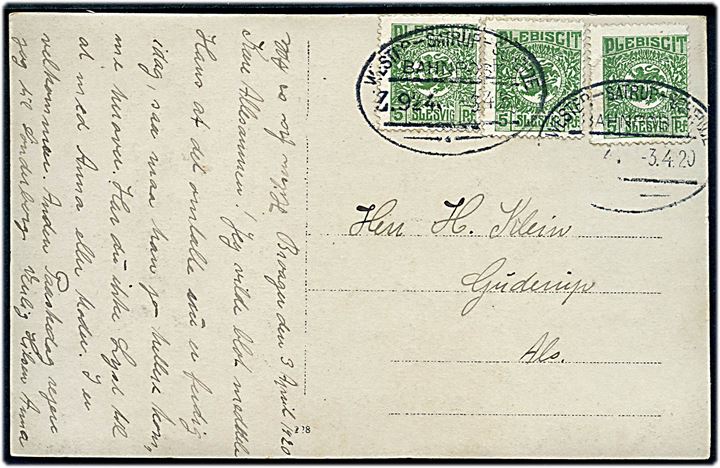 5 pfg. Fælles udg. (3) på brevkort (Broager i sne) annulleret med bureaustempel Wester-Satrup - Schelde Bahnpost Zug 924 d. 3.4.1920 til Guderup på Als.