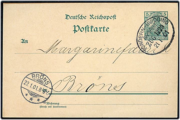 5 pfg. Germania helsagsbrevkort fra Bredebro annulleret med bureaustempel Tondern - Hvidding Bahnpost Zug 1229 d. 21.1.1901 til Brøns.