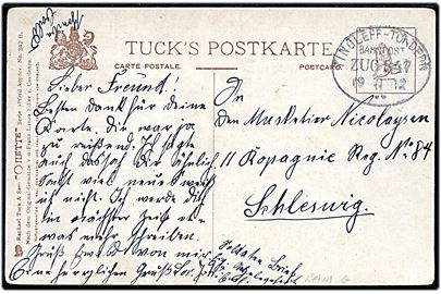 Ufrankeret feltpostkort på ufrankeret soldaterbrevkort med bureaustempel Tingleff - Tondern Bahnpost Zug 847 d. 19.11.1912 til soldat ved Regiment 84 i Schleswig.