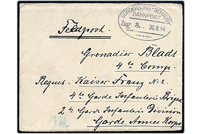 Ufrankeret feltpostbrev fra Lysabild pr. Skovby Als med bureaustempel Sonderburg - Schauby Bahnpost Zug 8 d. 20.8.1914 til sønderjysk soldat. Tidlig feltpost.