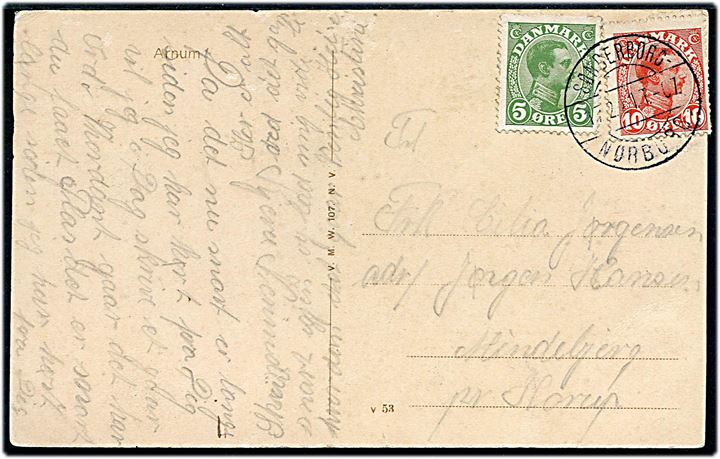 5 øre og 10 øre Chr. X på brevkort annulleret med bureaustempel Sønderborg - Nørborg sn1 T.7 d. 17.2.1921 til Mindebjerg pr. Hørup. Skade på billedside.                                                                                                                                                                                                                                                                                                                                                                                                                                                                                                                                                     