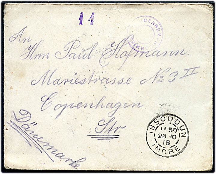 Ufrankeret krigsfangebrev fra sønderjysk krigsfange, Willy Hoffmann,  i fransk fangenskab i Issoudun d. 26.10.1915 til København, Danmark. 