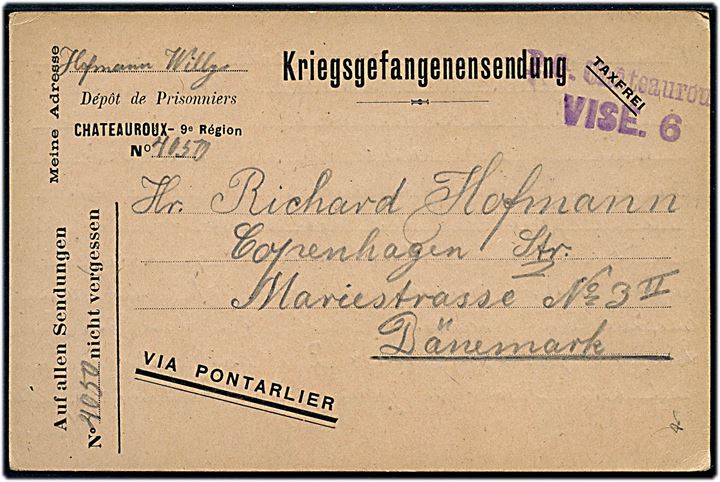 Ufrankeret fortrykt krigsfangekort fra sønderjysk soldat, Willy Hoffmann, i fransk fangenskab i Chateauroux d. 26.5.1918 til København, Danmark. Fransk lejrcensur.