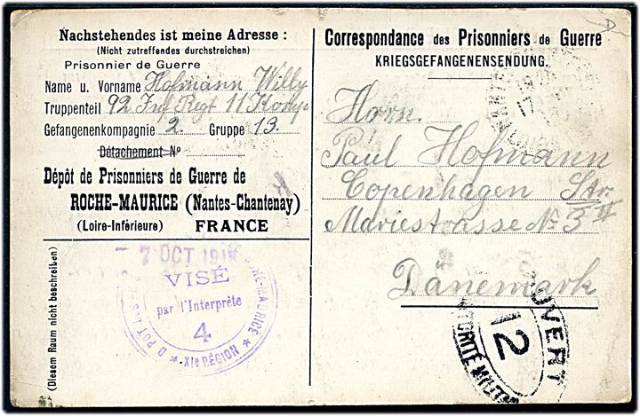 Ufrankeret fortrykt krigsfangekort fra sønderjysk soldat, Willy Hoffmann, i fransk fangenskab i Roche-Maurice d. 17.10.1918 til København, Danmark.