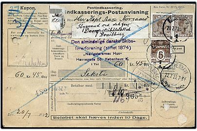 5 øre Bølgelinie og 20 øre Chr. X (2) på retur Indkasserings-Postanvisning fra Kjøbenhavn d. 20.7.1922 til kaptajn i København - eftersendt flere gange og siden returneret.