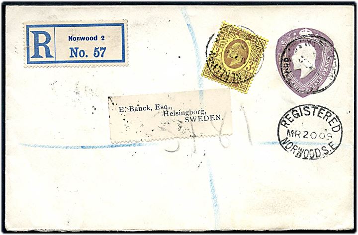 ½d Edward VII helsagskuvert opfrankeret med 3d Edward VII sendt anbefalet fra Norwood d. 20.3.1909 til Helsingborg, Sverige.