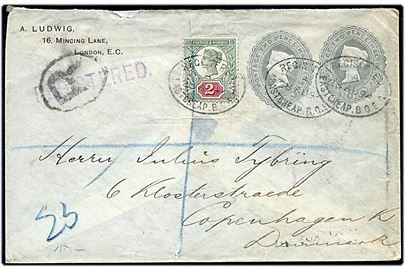 ½d + ½d Victoria helsagskuvert opfrankeret med 2d Victoria fra London d. 28.8.1894 til København, Danmark.