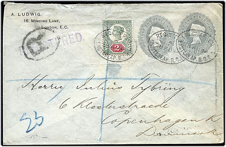 ½d + ½d Victoria helsagskuvert opfrankeret med 2d Victoria fra London d. 28.8.1894 til København, Danmark.