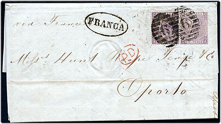 6d Victoria (2) på brev mærket via France annulleret med nr.stempel 6  med sidestempel London d. 28.9.1866 på bagsiden til Oporto, Portugal. Ovalt stempel FRANCA. 