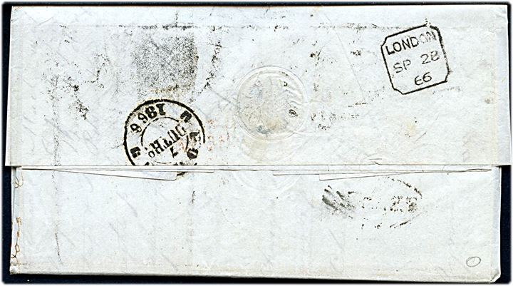 6d Victoria (2) på brev mærket via France annulleret med nr.stempel 6  med sidestempel London d. 28.9.1866 på bagsiden til Oporto, Portugal. Ovalt stempel FRANCA. 