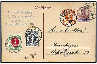 15 pfg. Danzig provisorisk helsagsbrevkort opfrankeret med 5 pfg., 20 pfg. og 49 pfg. Våben fra Danzig d. 18.8.1921 til København, Danmark.