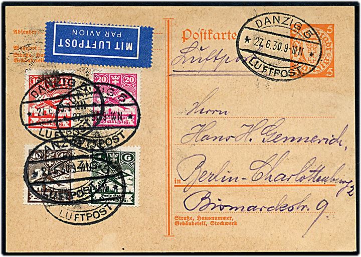 5 pfg. helsagsbrevkort opfrankeret med 10 pfg., 20 pfg., 40 pfg. og 1 g. Luftpost sendt som luftpost og annulleret med ovalt luftpost stempel Danzig 5 Luftpost d. 27.6.1930 til Berlin. 