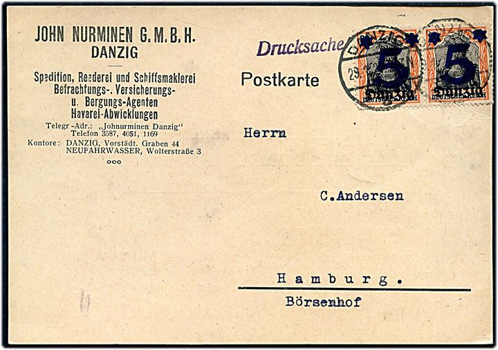 5/80 pfg. Danzig provisorium i parstykke på tryskagskort fra Danzig d. 29.1.1921 til Hamburg.