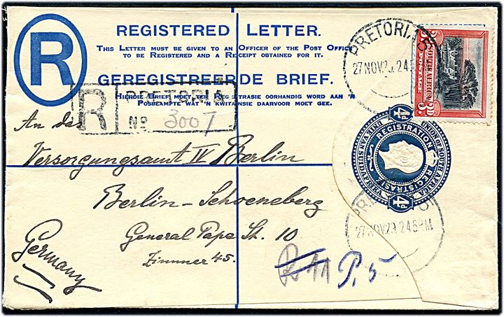 4d George V anbefalet helsagskuvert opfrankeret med 3d Landskab fra Pretoria d. 27.11.1929 til Berlin, Tyskland.