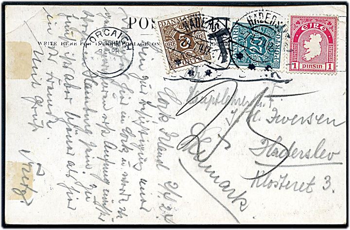 Irsk 1p single på underfrankeret brevkort fra Corcairch d. 3.4.1924 til Haderslev. Udtakseret i porto med 5 øre og 20 øre Portomærke stemplet Haderslev d. 7.4.1924.