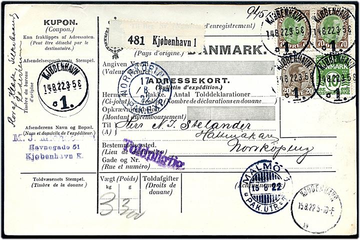 10 øre Bølgelinie, 20 øre og 70 øre (2) Chr. X på 165 øre frankeret internationalt adressekort for pakke fra Kjøbenhavn d. 14.8.1922 via Malmö til Norrköping, Sverige.