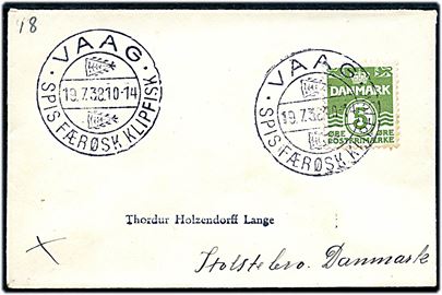 5 øre Bølgelinie på lille tryksag annulleret med klipfiskstempel i Vaag d. 19.7.1938 til Holstebro.