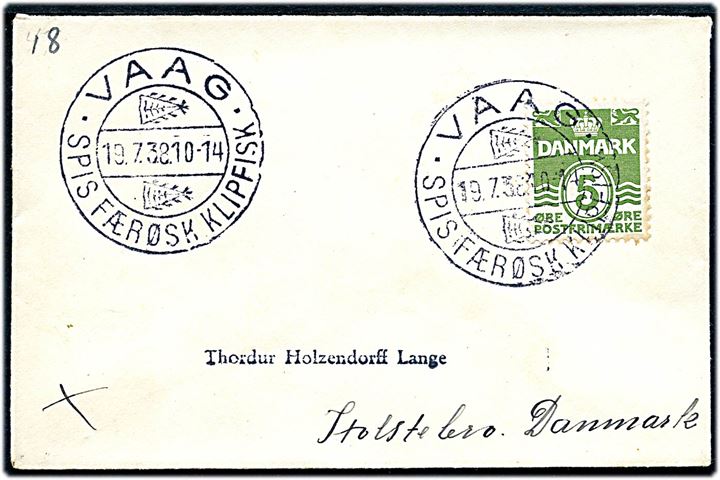 5 øre Bølgelinie på lille tryksag annulleret med klipfiskstempel i Vaag d. 19.7.1938 til Holstebro.